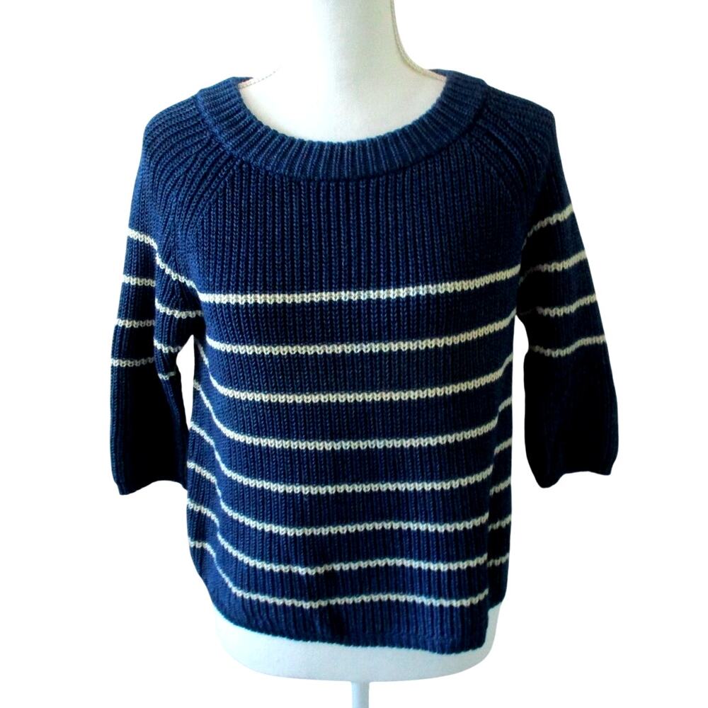 Fossil Women's Blue Striped 3/4 Sleeve Pull Over Sweater Size XS